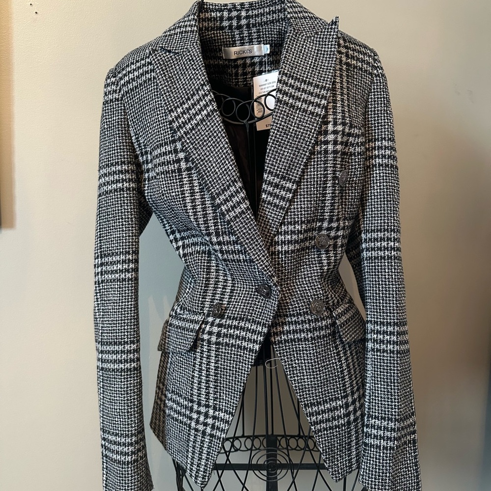 Women's Black and White Plaid Blazer